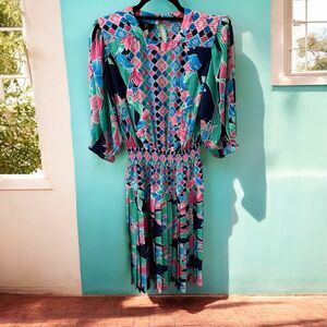 Vintage Mayeelok Blouson Dress Womens small S Colorful Floral Satin Pleated 80s